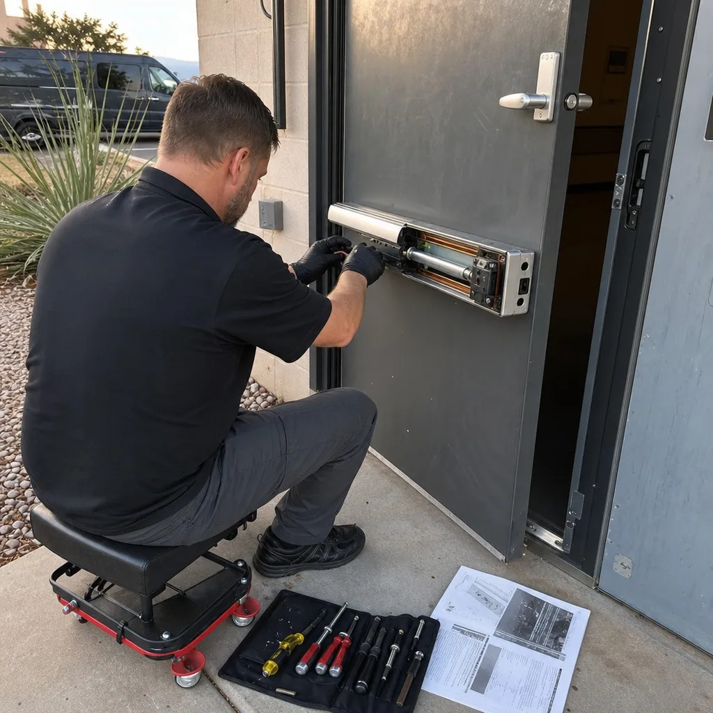 Professional commercial locksmith installing a panic bar exit device on a door