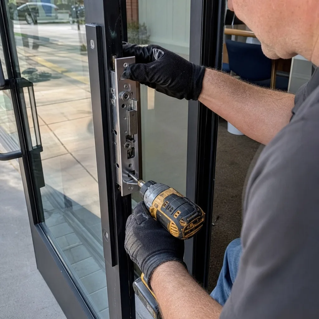 Locksmith installing a commercial mortise lock on a glass door
