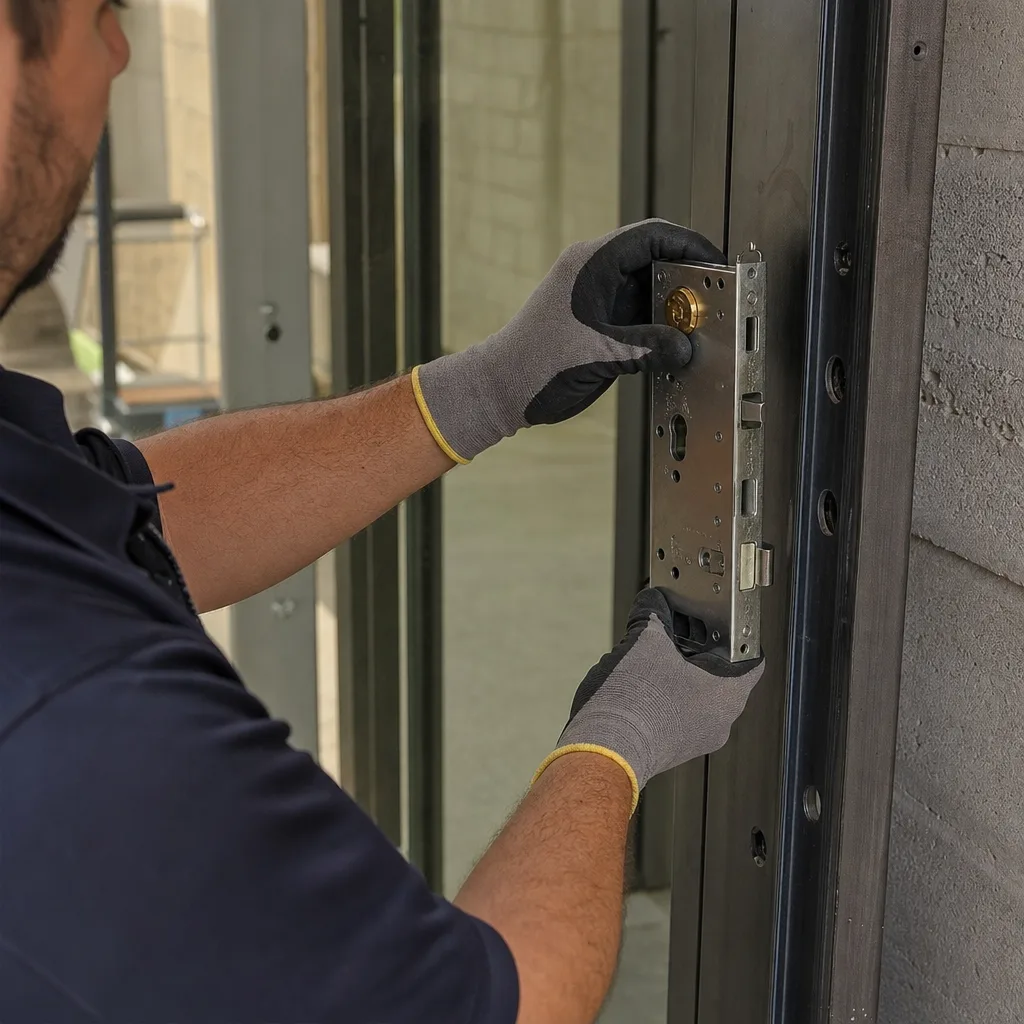 Professional locksmith installing a commercial door lock mechanism